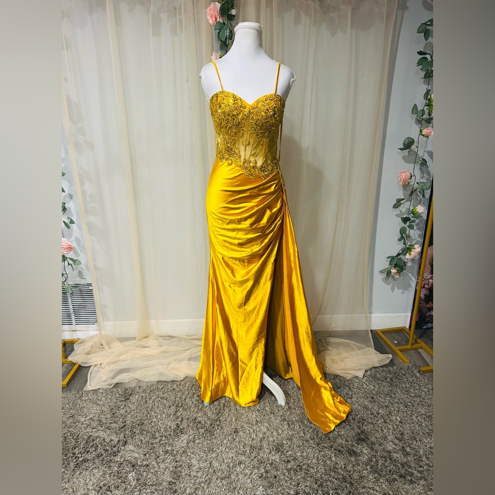 Gold Satin Lace Corset Gown w/ Front Slit | Open Back | Size 0 | NWT